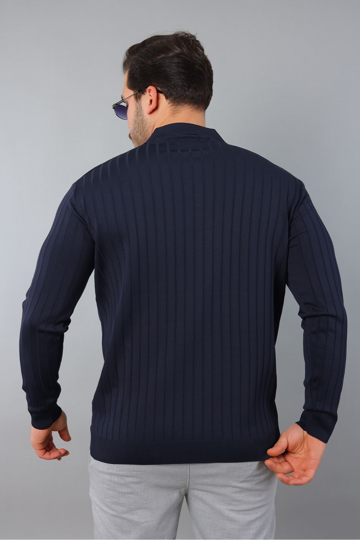 Erkek Uzun Kol Polo Yaka Düğmeli Çizgili Triko