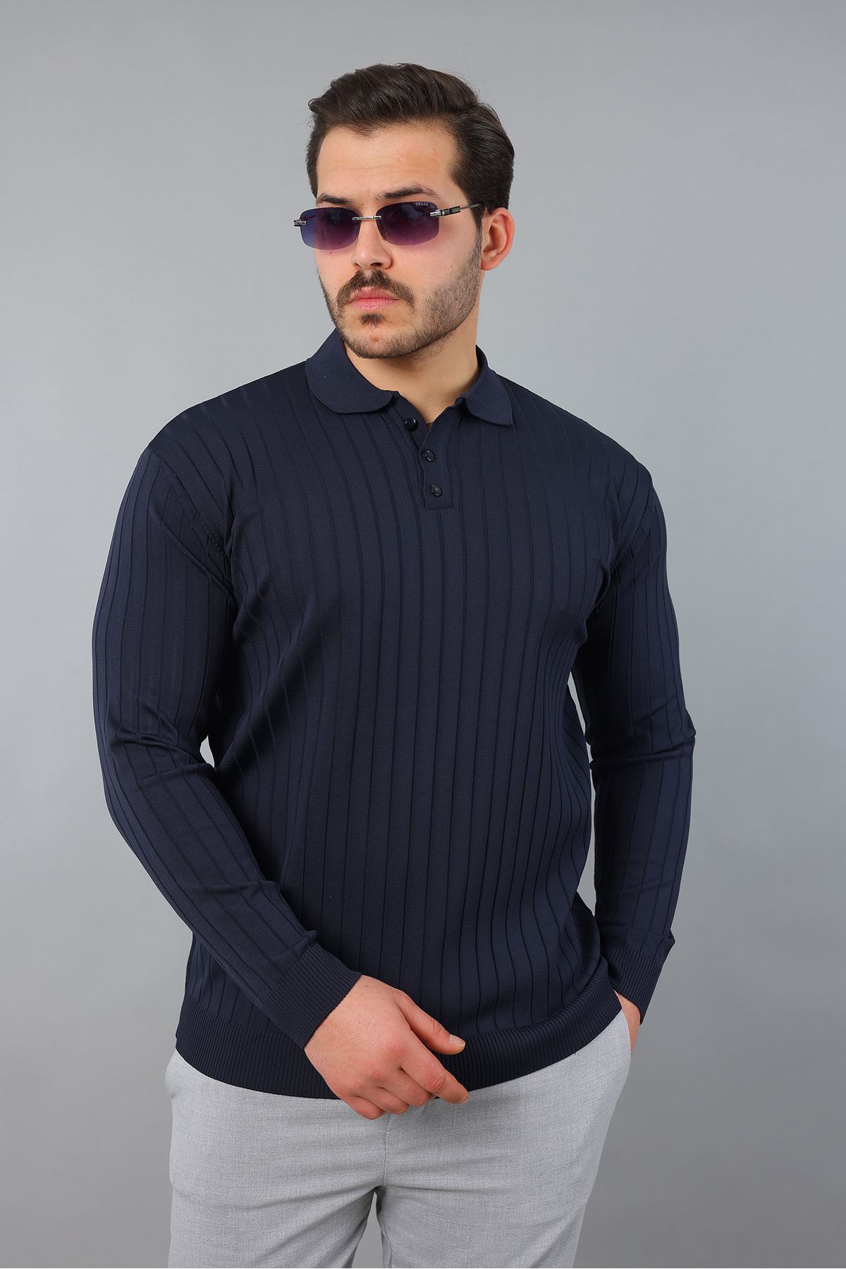 Erkek Uzun Kol Polo Yaka Düğmeli Çizgili Triko