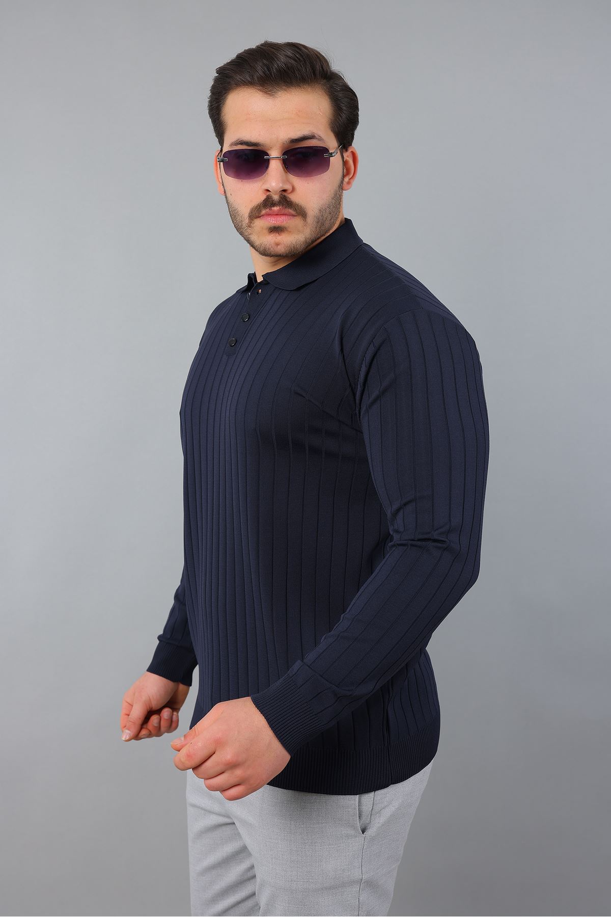 Erkek Uzun Kol Polo Yaka Düğmeli Çizgili Triko