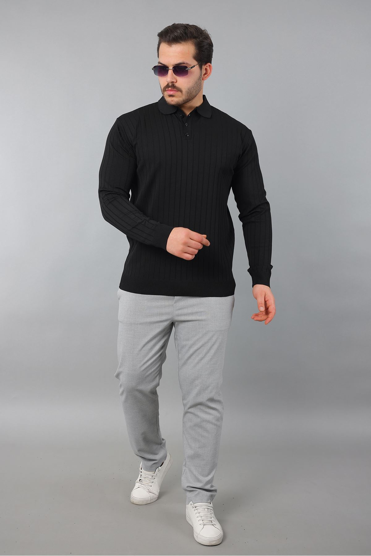 Erkek Uzun Kol Polo Yaka Düğmeli Çizgili Triko
