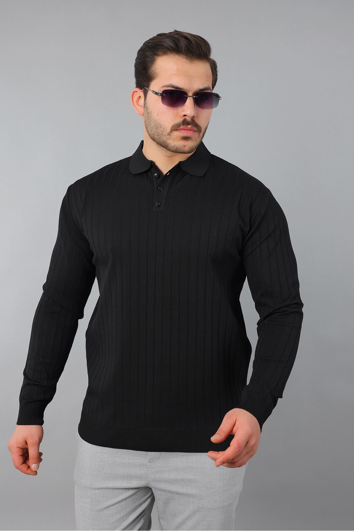Erkek Uzun Kol Polo Yaka Düğmeli Çizgili Triko