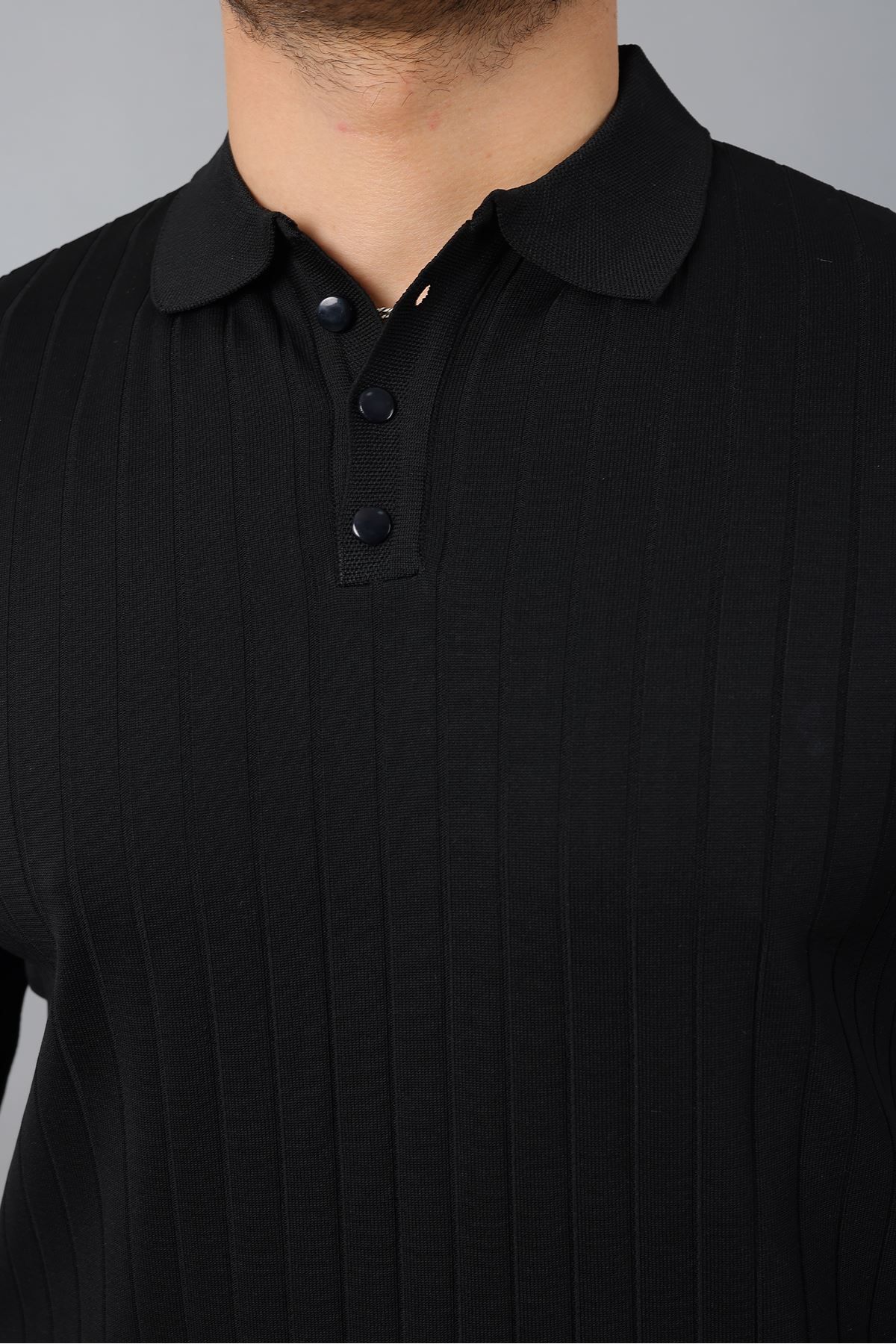 Erkek Uzun Kol Polo Yaka Düğmeli Çizgili Triko