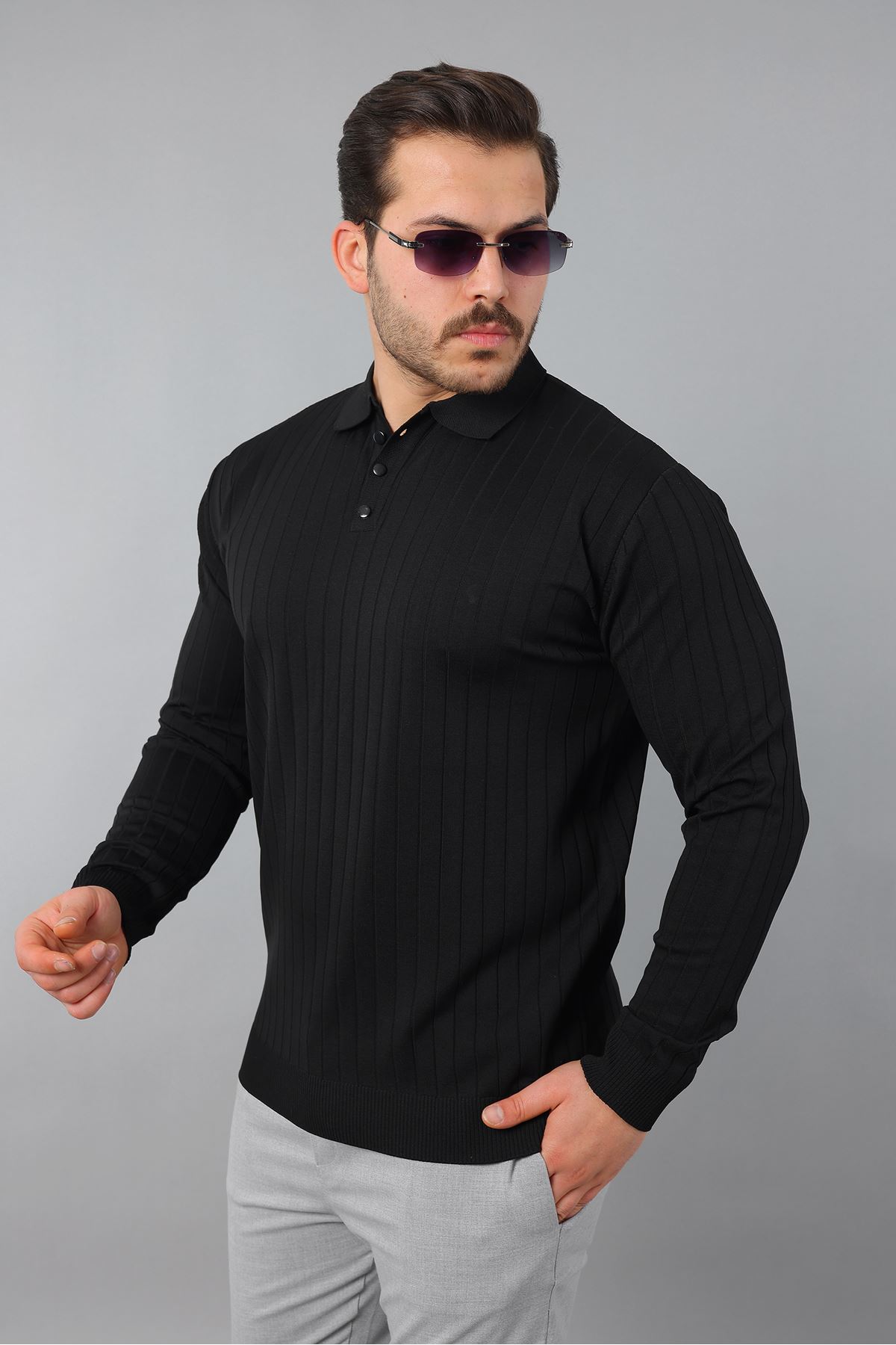 Erkek Uzun Kol Polo Yaka Düğmeli Çizgili Triko