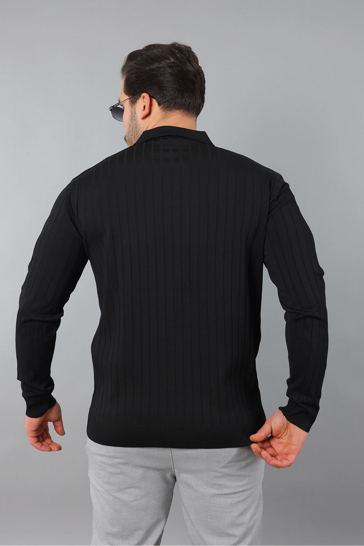 Erkek Uzun Kol Polo Yaka Düğmeli Çizgili Triko