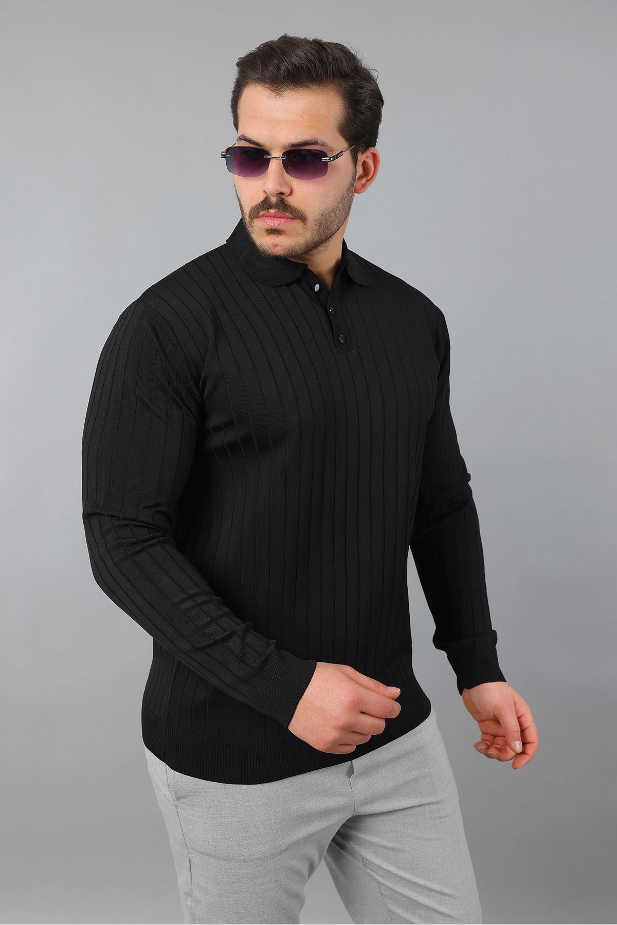 Erkek Uzun Kol Polo Yaka Düğmeli Çizgili Triko