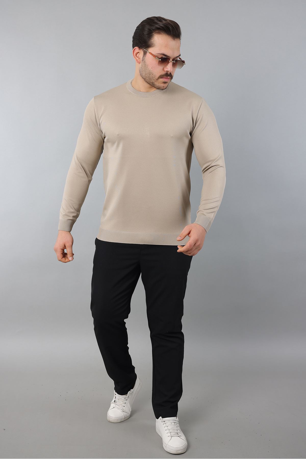 Erkek Uzun Kol Bisiklet Yaka Düz Triko