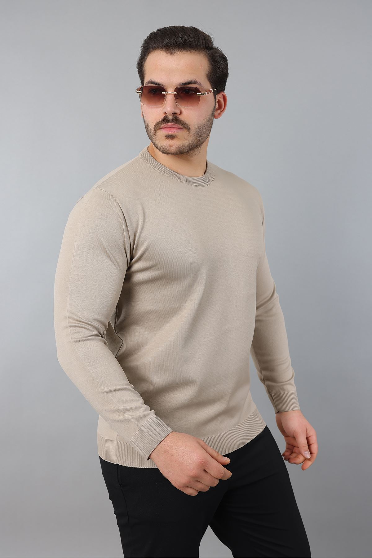 Erkek Uzun Kol Bisiklet Yaka Düz Triko