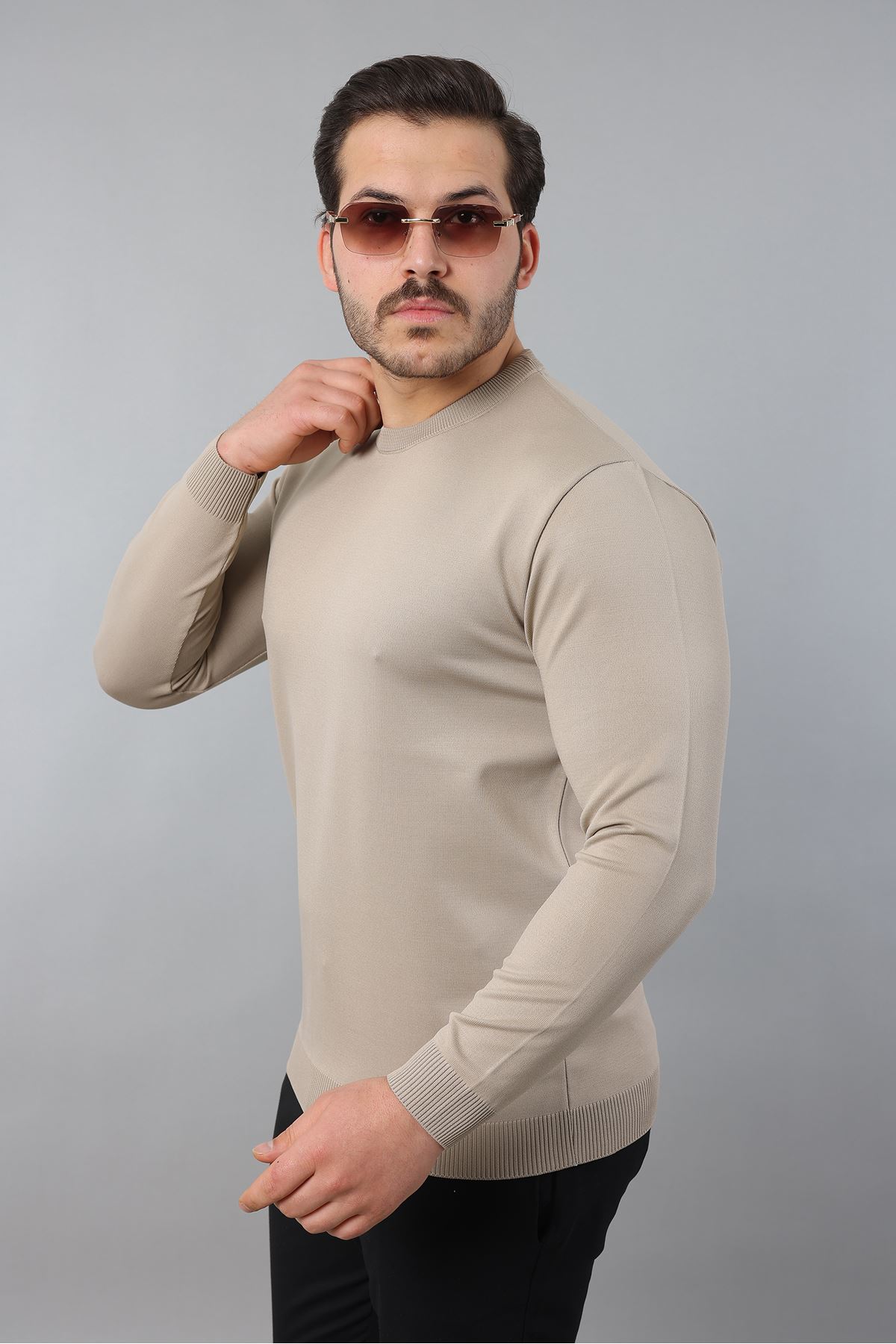 Erkek Uzun Kol Bisiklet Yaka Düz Triko