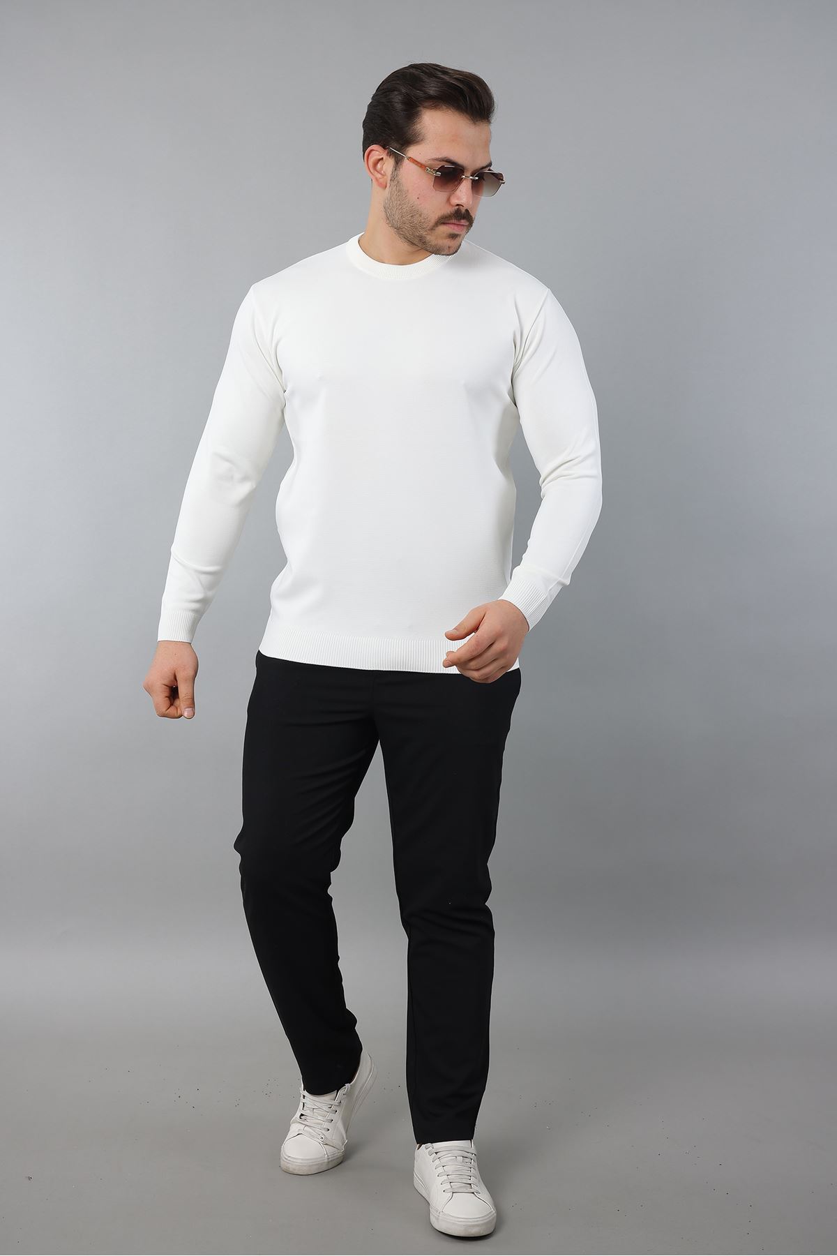 Erkek Uzun Kol Bisiklet Yaka Düz Triko