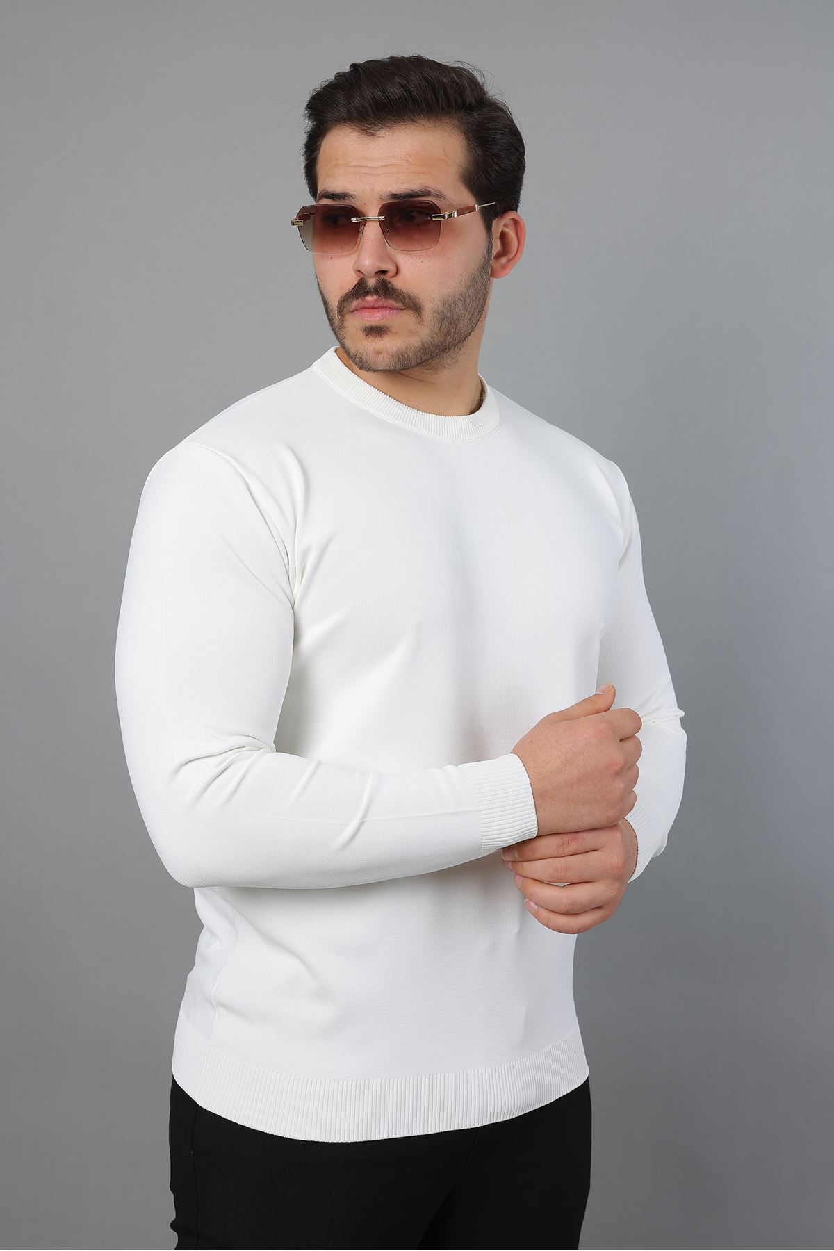 Erkek Uzun Kol Bisiklet Yaka Düz Triko