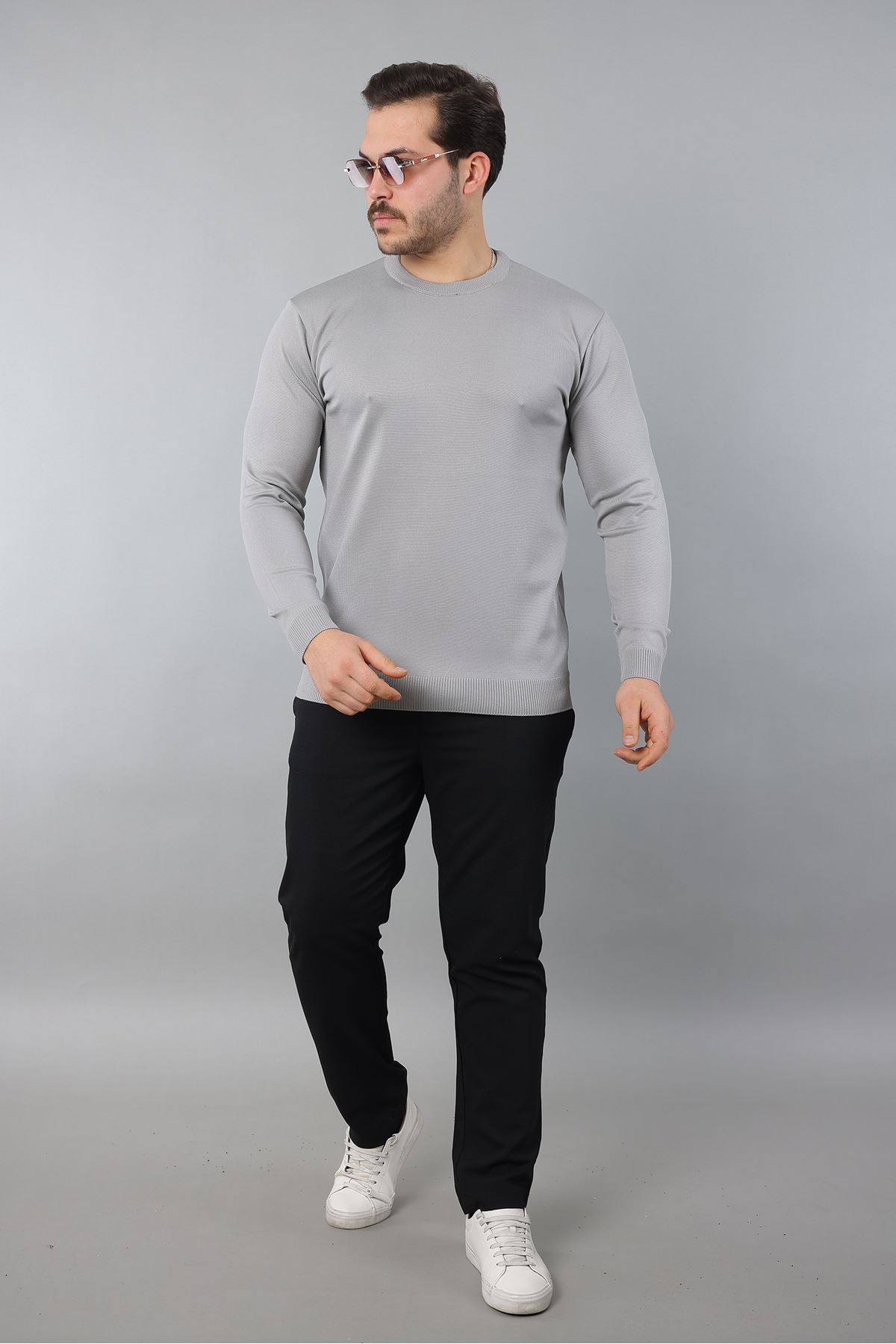 Erkek Uzun Kol Bisiklet Yaka Düz Triko