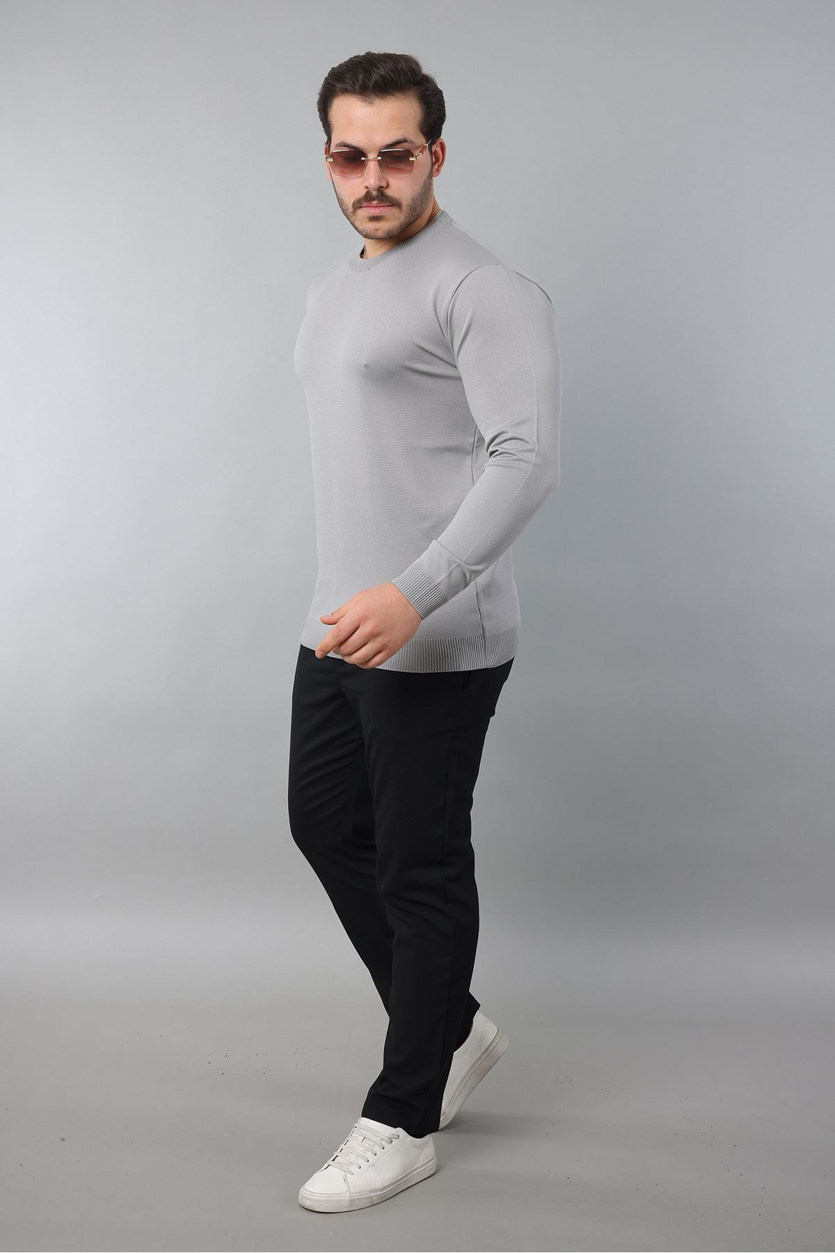 Erkek Uzun Kol Bisiklet Yaka Düz Triko