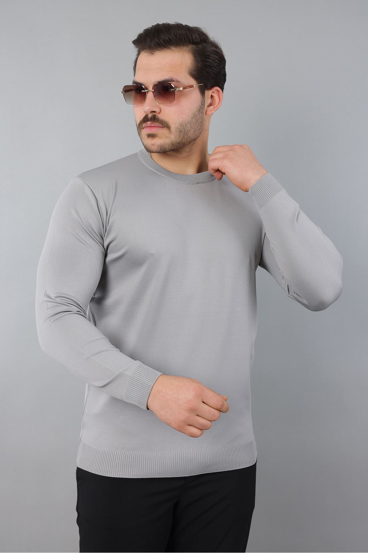 Erkek Uzun Kol Bisiklet Yaka Düz Triko