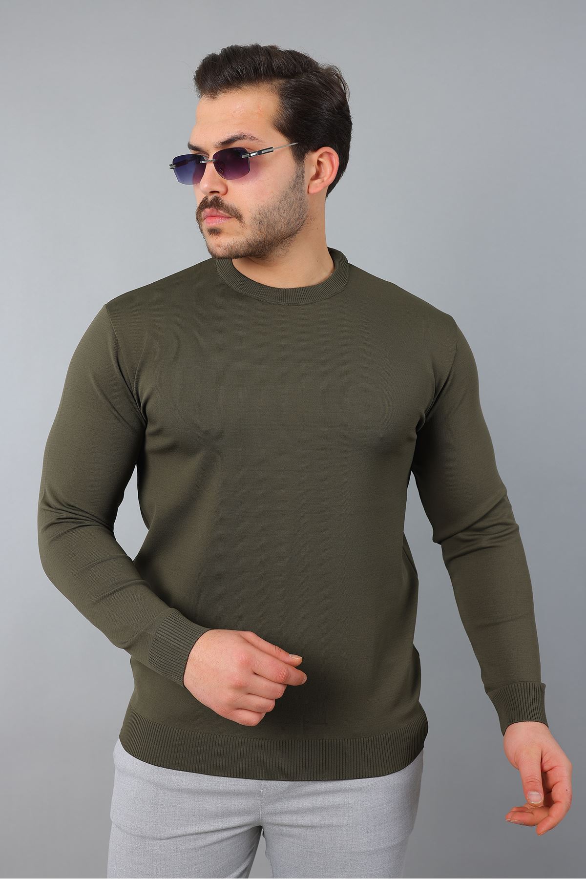 Erkek Uzun Kol Bisiklet Yaka Düz Triko