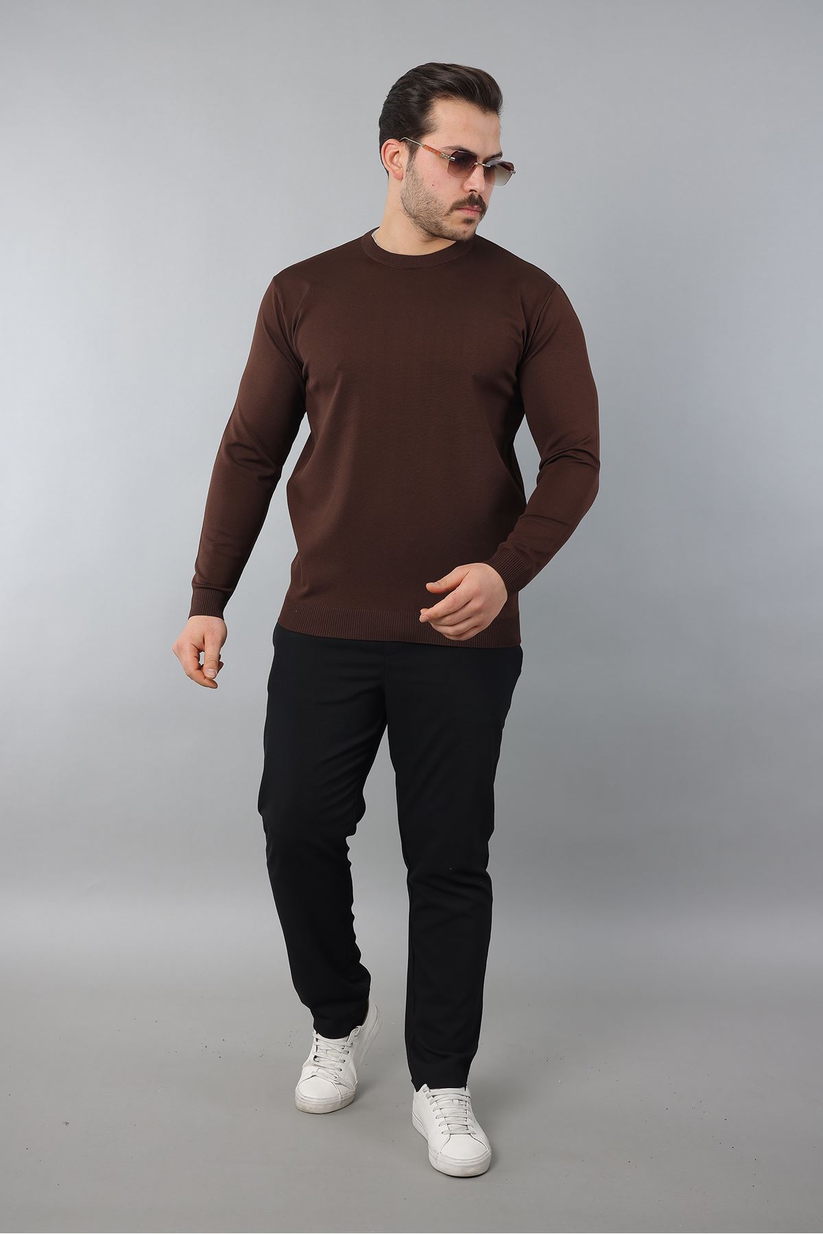 Erkek Uzun Kol Bisiklet Yaka Düz Triko