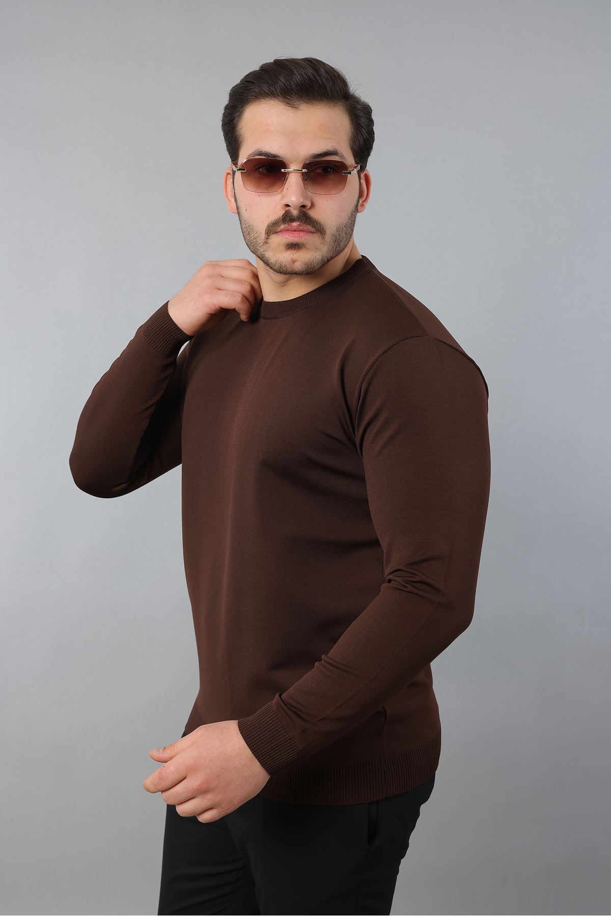 Erkek Uzun Kol Bisiklet Yaka Düz Triko