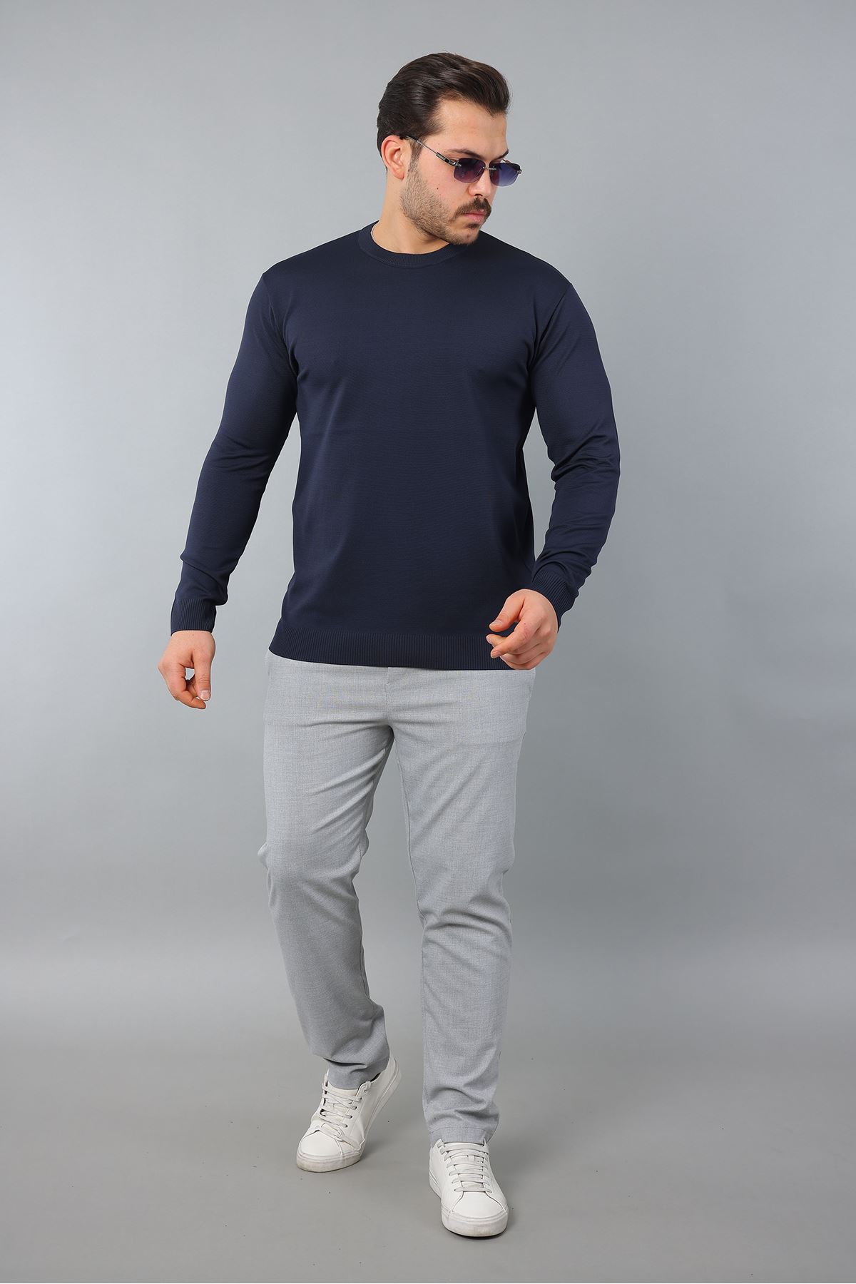 Erkek Uzun Kol Bisiklet Yaka Düz Triko