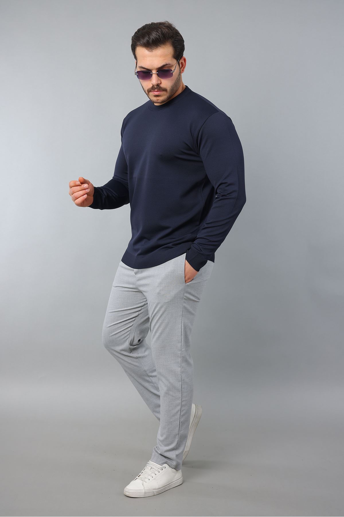 Erkek Uzun Kol Bisiklet Yaka Düz Triko