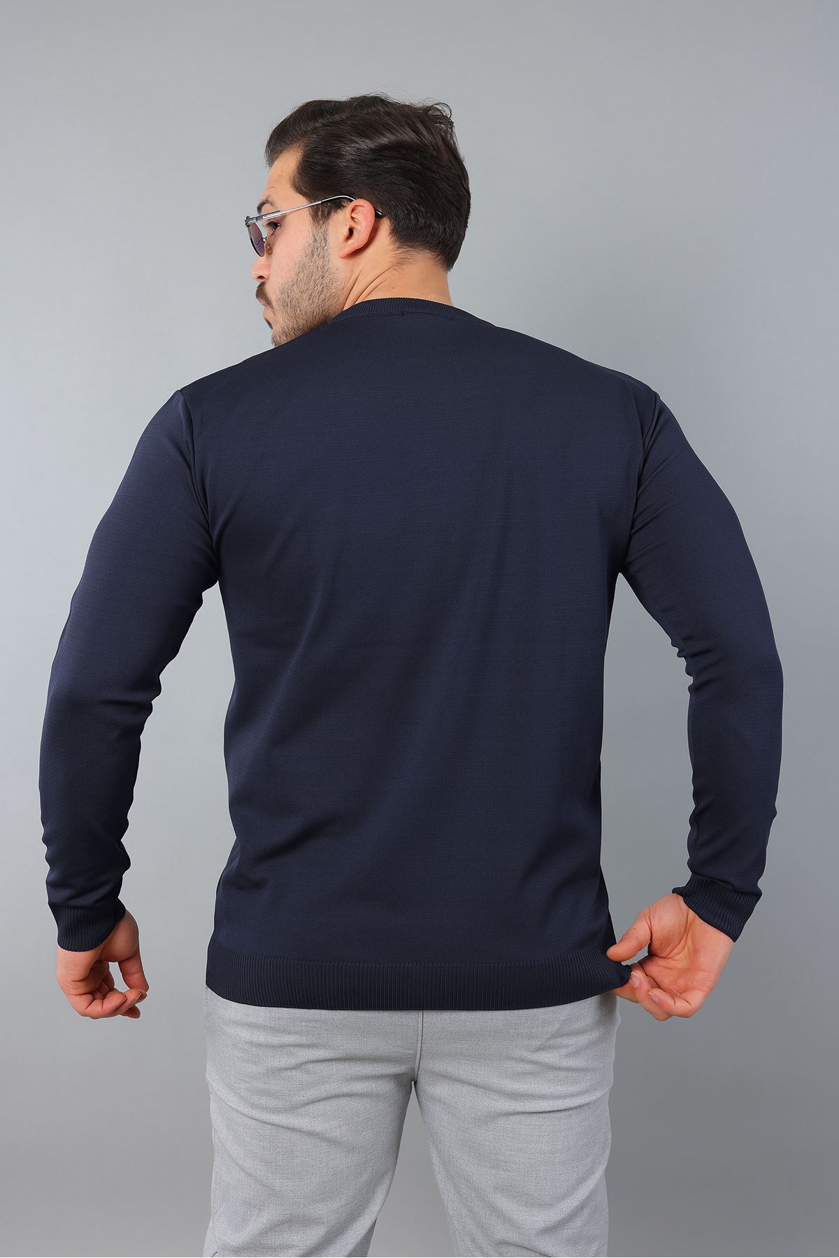 Erkek Uzun Kol Bisiklet Yaka Düz Triko