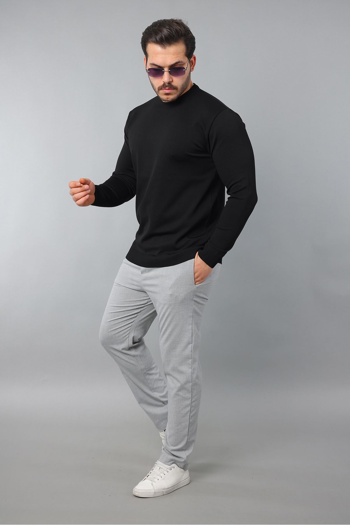 Erkek Uzun Kol Bisiklet Yaka Düz Triko