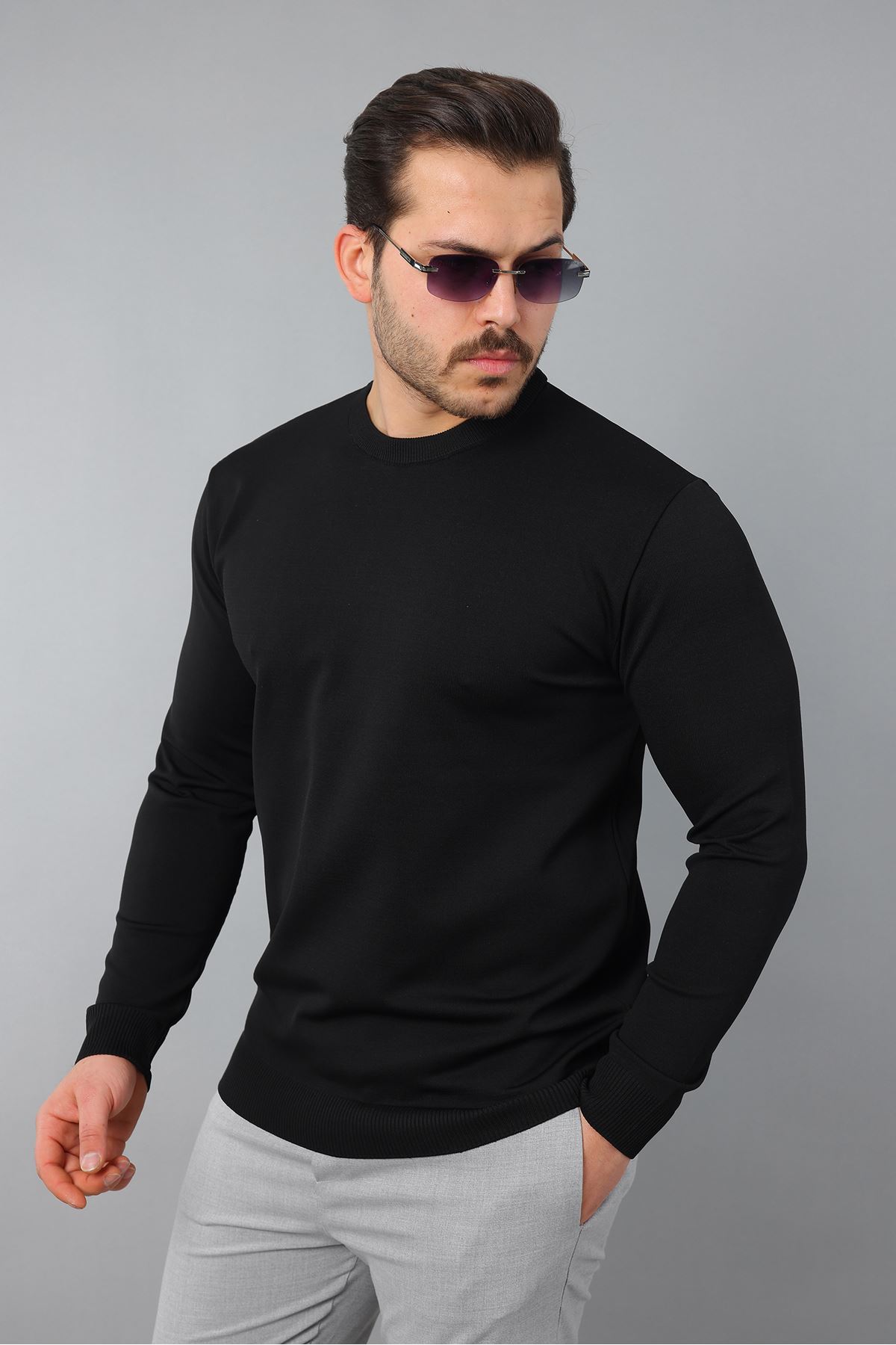 Erkek Uzun Kol Bisiklet Yaka Düz Triko