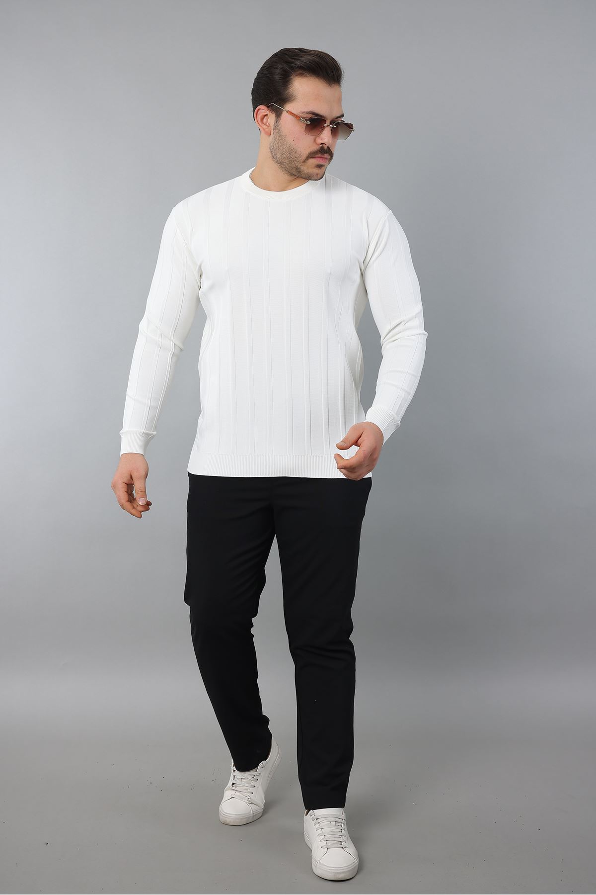 Erkek Uzun Kol Bisiklet Yaka Kendinden Çizgili Triko