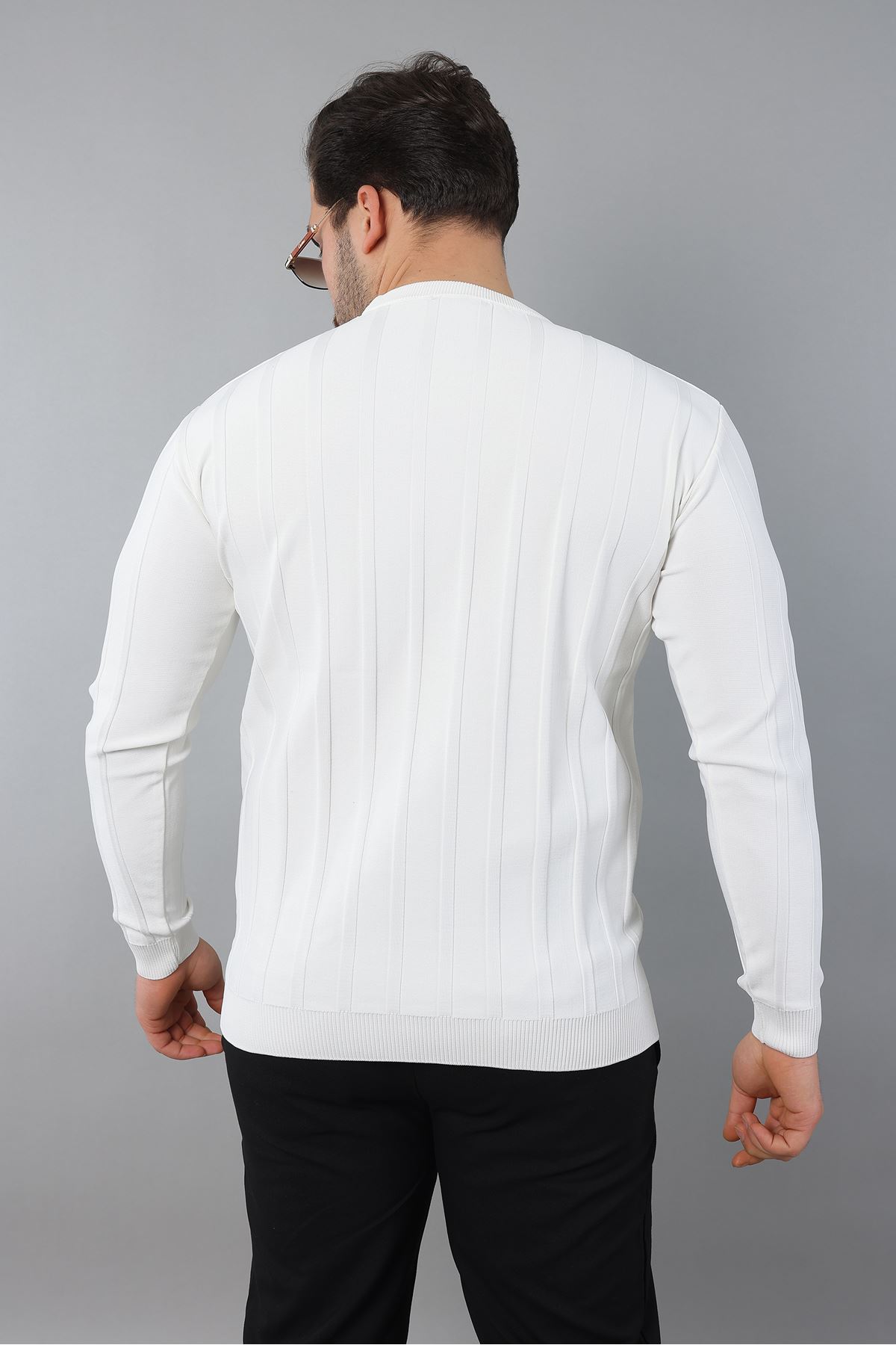 Erkek Uzun Kol Bisiklet Yaka Kendinden Çizgili Triko