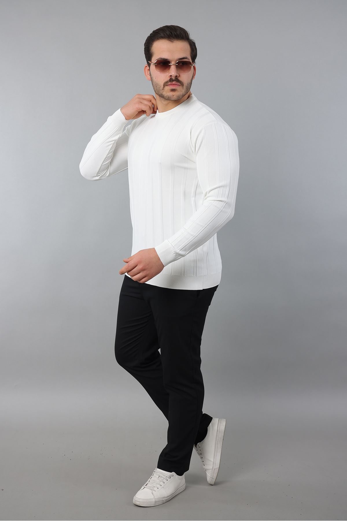 Erkek Uzun Kol Bisiklet Yaka Kendinden Çizgili Triko