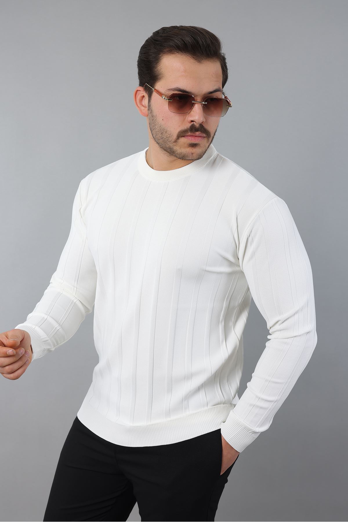 Erkek Uzun Kol Bisiklet Yaka Kendinden Çizgili Triko