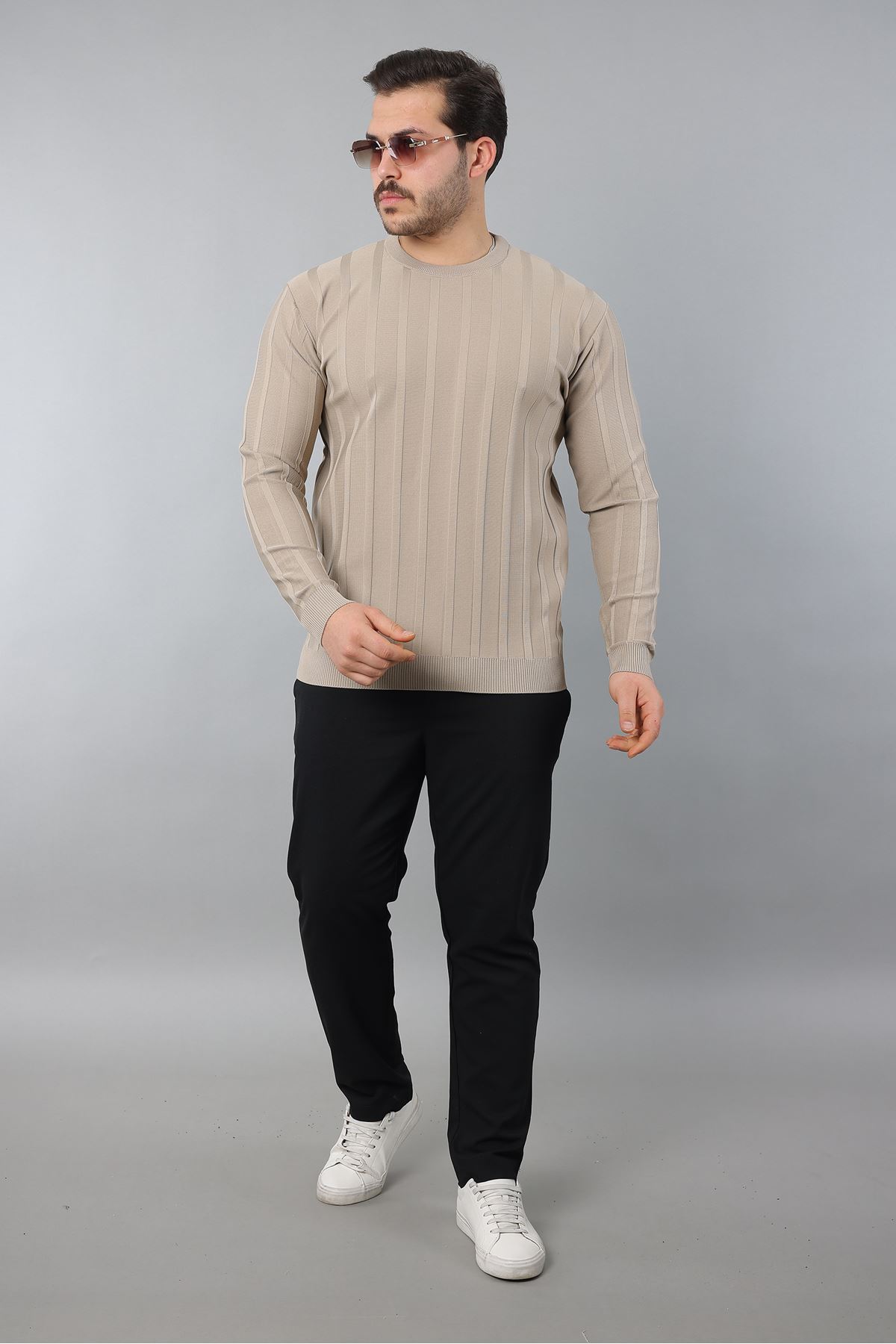 Erkek Uzun Kol Bisiklet Yaka Kendinden Çizgili Triko