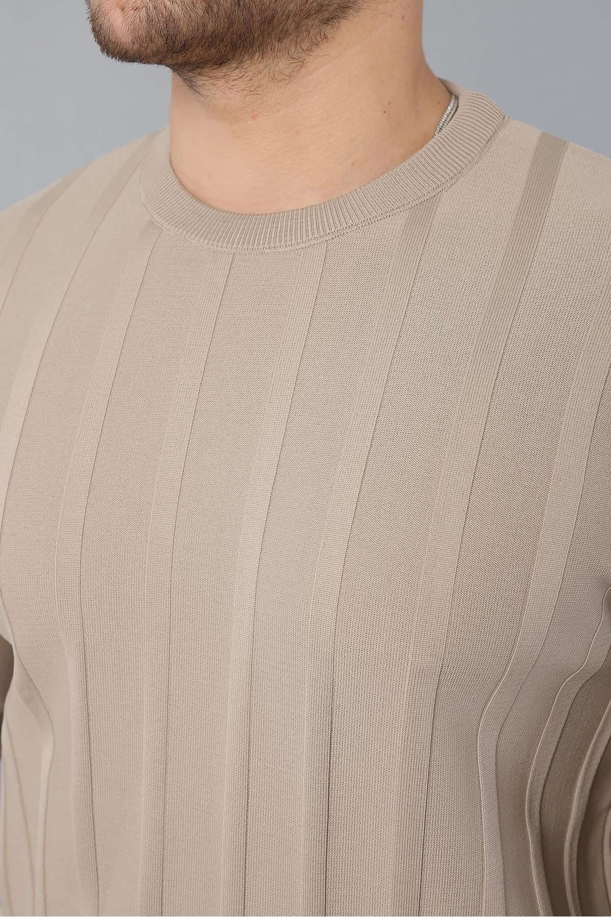 Erkek Uzun Kol Bisiklet Yaka Kendinden Çizgili Triko