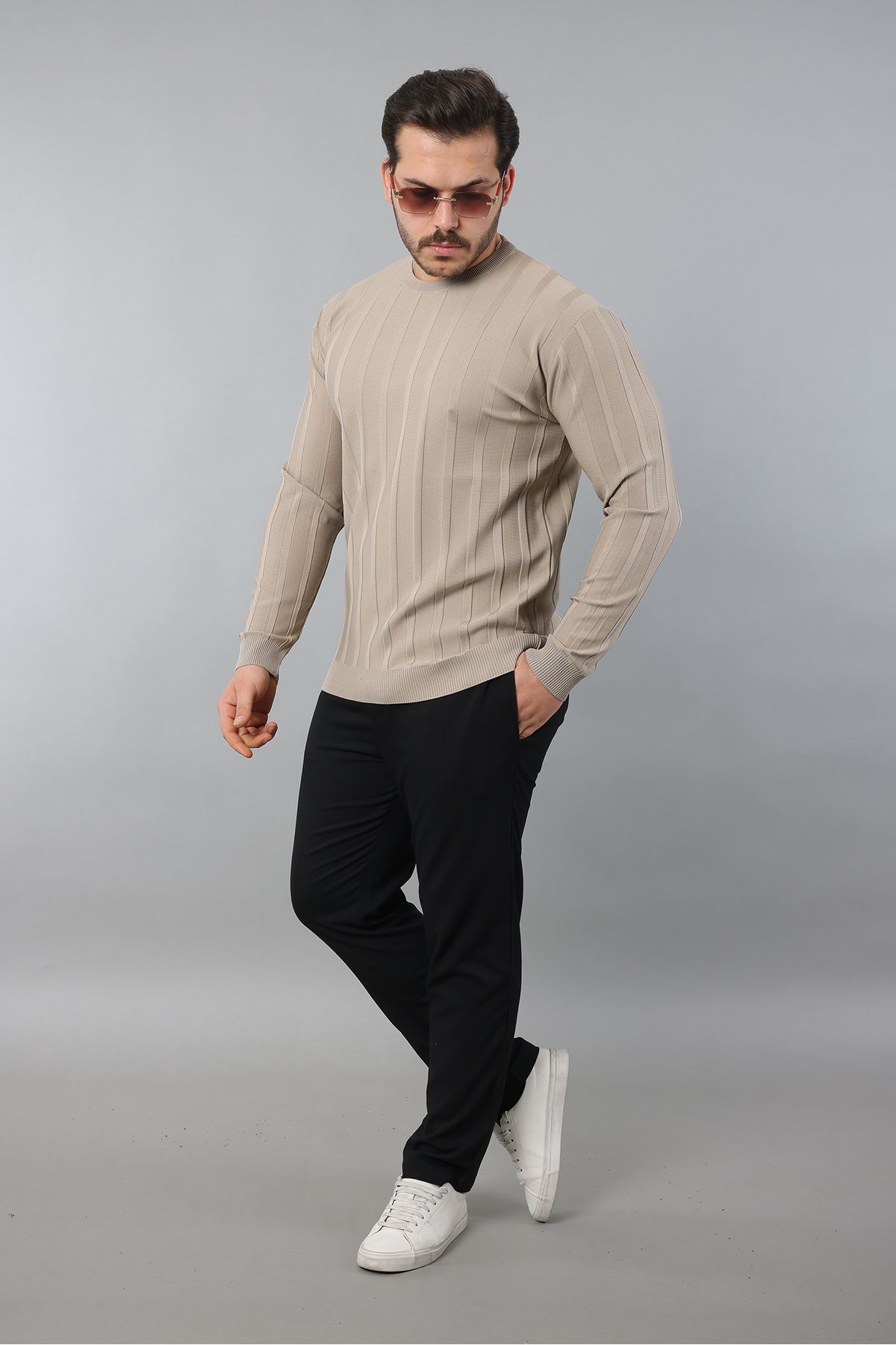 Erkek Uzun Kol Bisiklet Yaka Kendinden Çizgili Triko