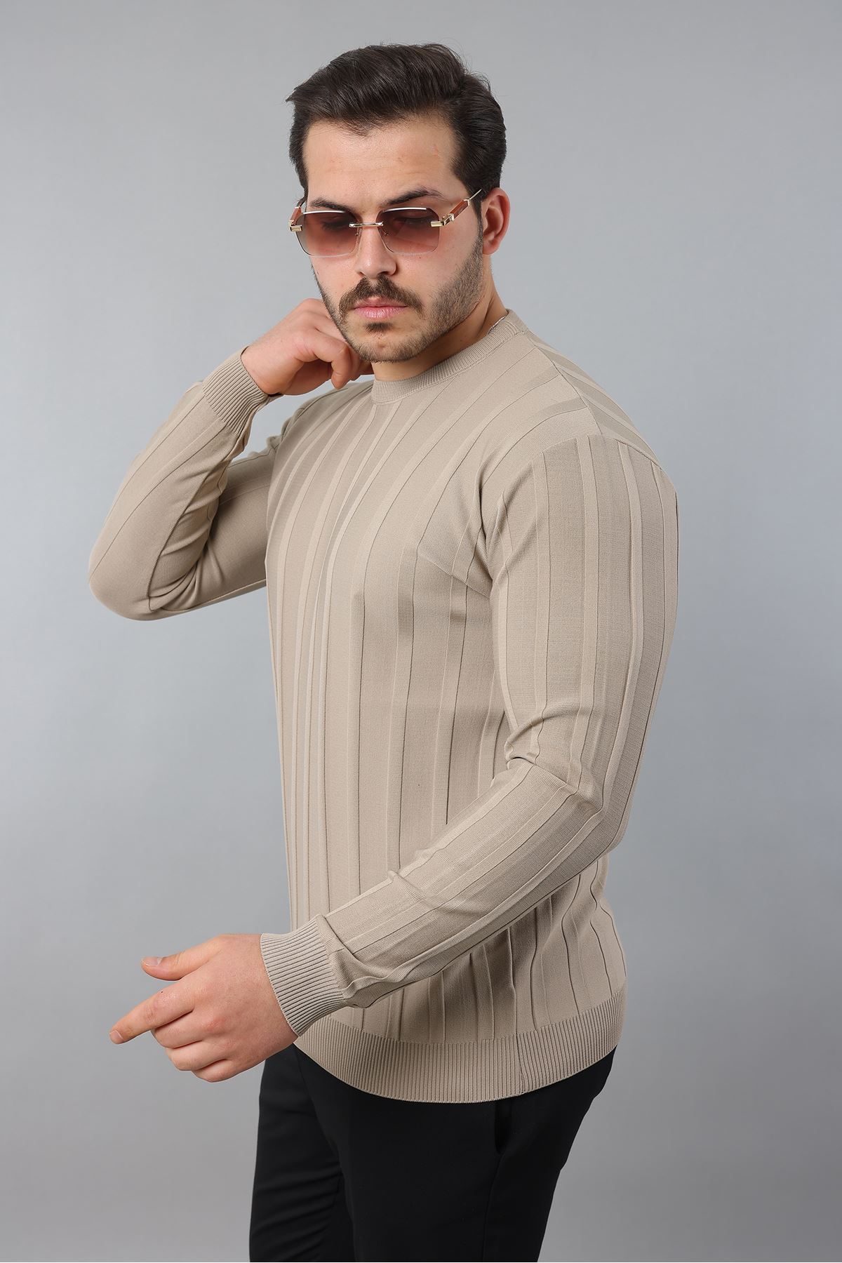 Erkek Uzun Kol Bisiklet Yaka Kendinden Çizgili Triko