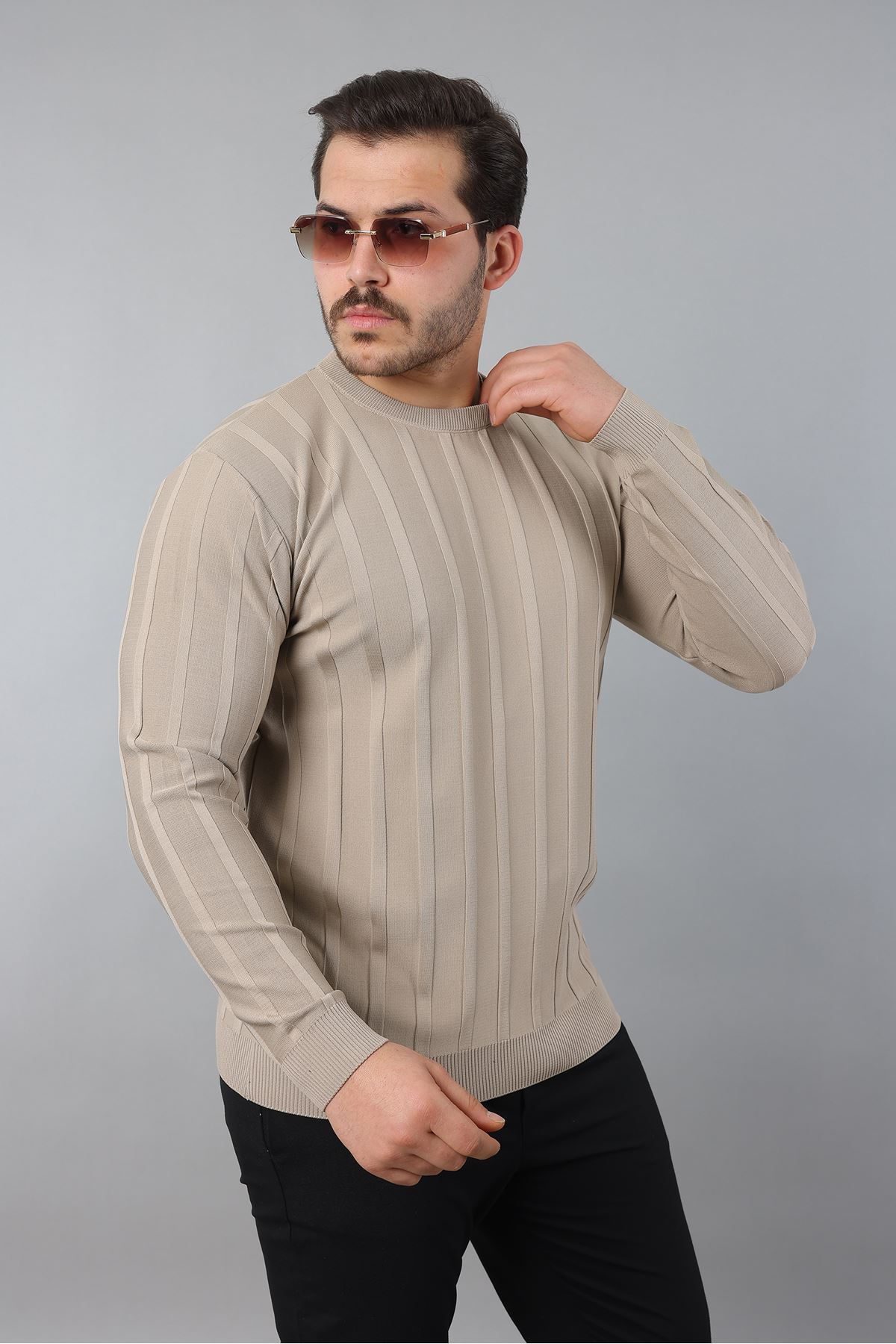 Erkek Uzun Kol Bisiklet Yaka Kendinden Çizgili Triko