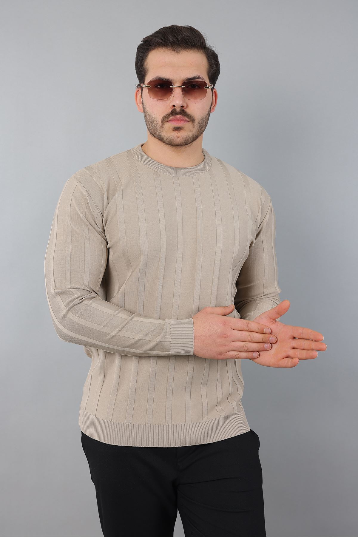 Erkek Uzun Kol Bisiklet Yaka Kendinden Çizgili Triko