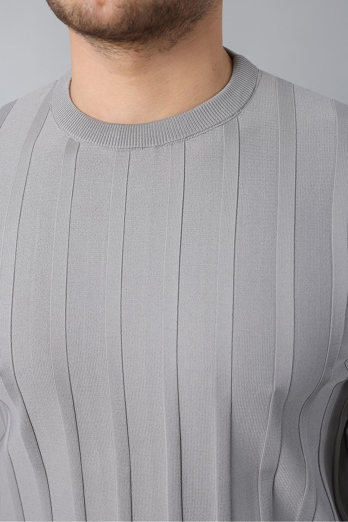 Erkek Uzun Kol Bisiklet Yaka Kendinden Çizgili Triko