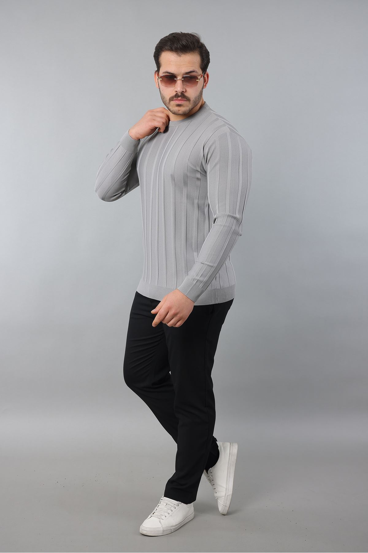 Erkek Uzun Kol Bisiklet Yaka Kendinden Çizgili Triko