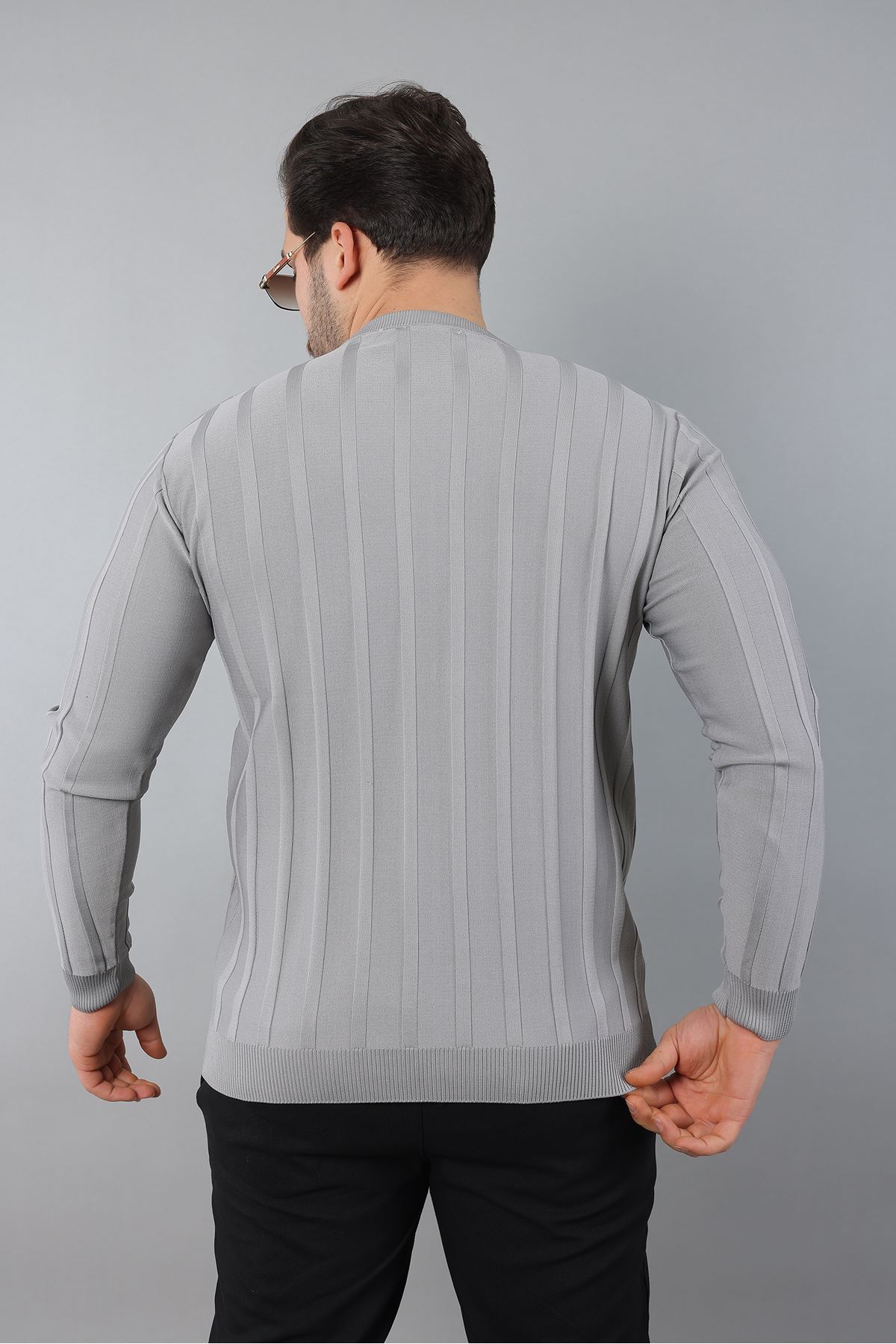 Erkek Uzun Kol Bisiklet Yaka Kendinden Çizgili Triko