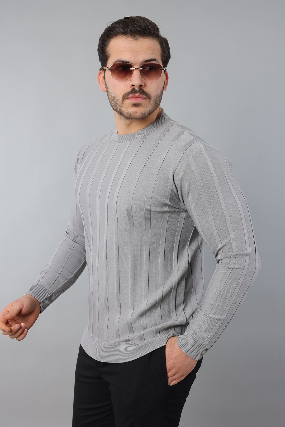 Erkek Uzun Kol Bisiklet Yaka Kendinden Çizgili Triko
