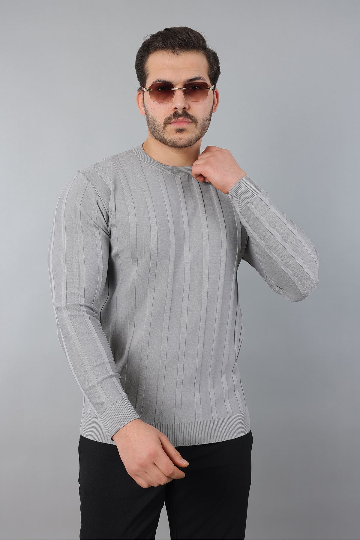 Erkek Uzun Kol Bisiklet Yaka Kendinden Çizgili Triko