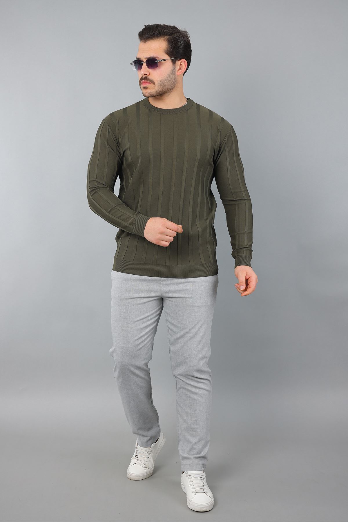 Erkek Uzun Kol Bisiklet Yaka Kendinden Çizgili Triko