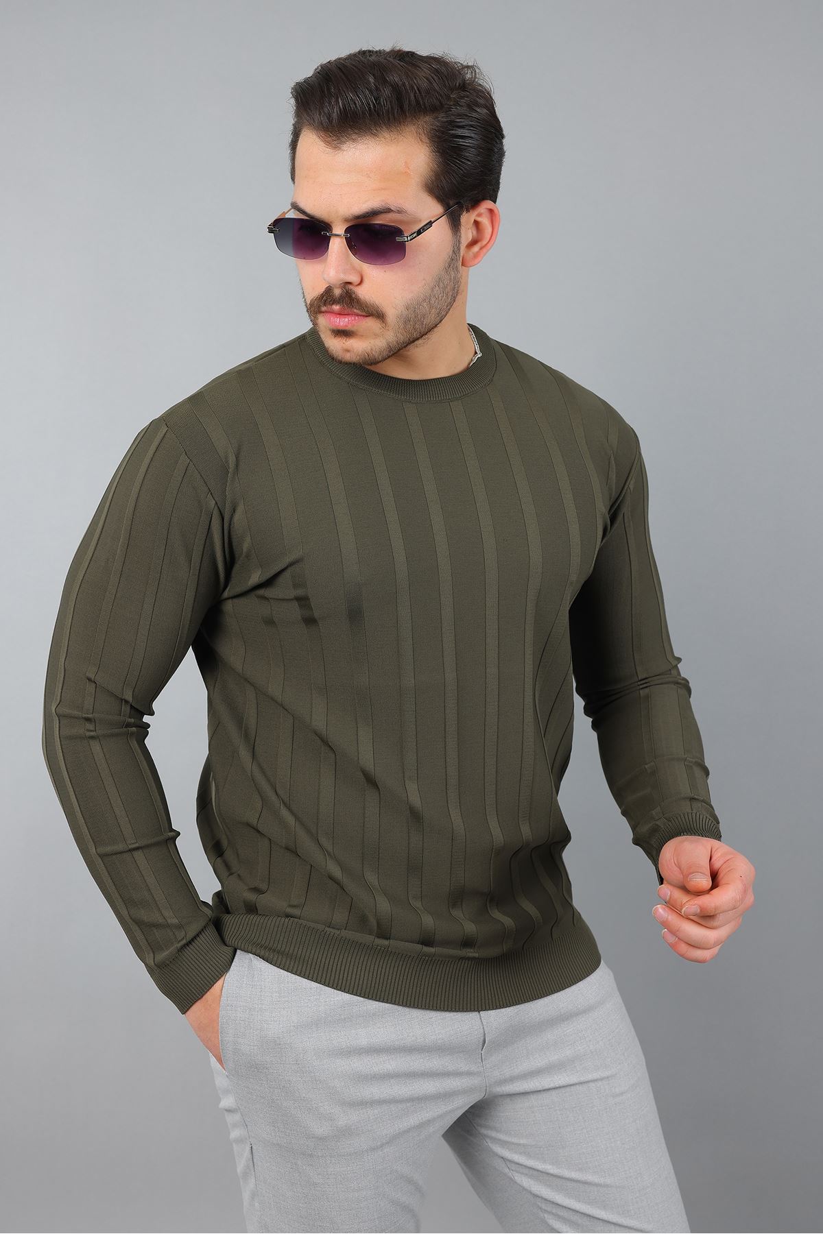 Erkek Uzun Kol Bisiklet Yaka Kendinden Çizgili Triko