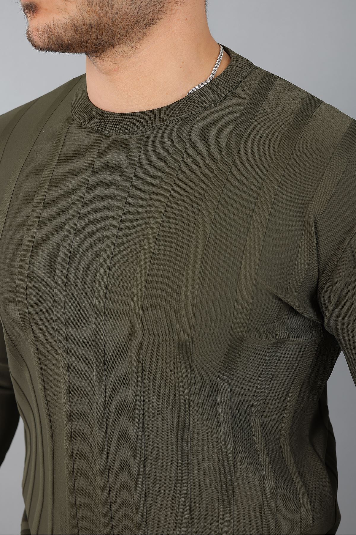 Erkek Uzun Kol Bisiklet Yaka Kendinden Çizgili Triko