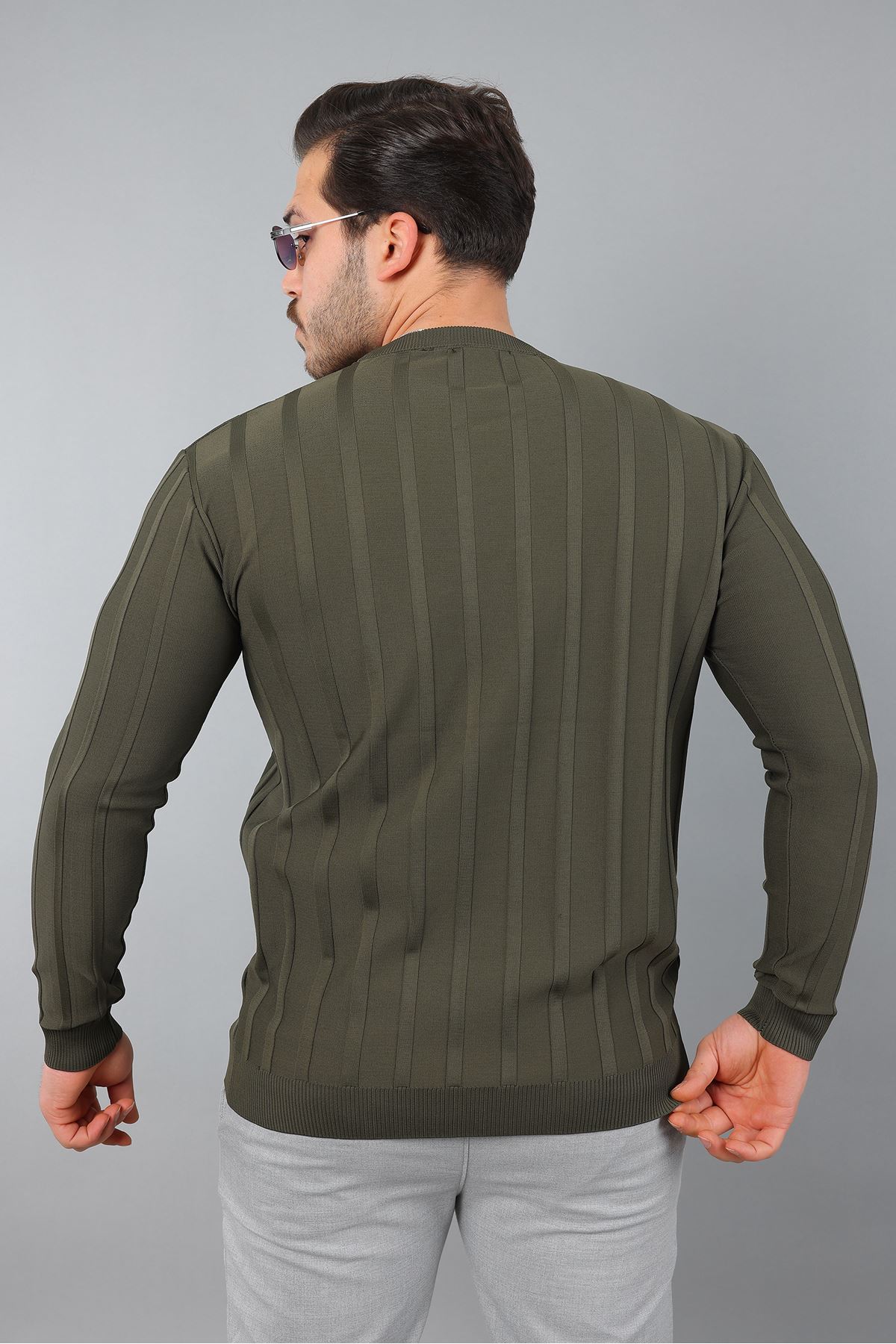 Erkek Uzun Kol Bisiklet Yaka Kendinden Çizgili Triko