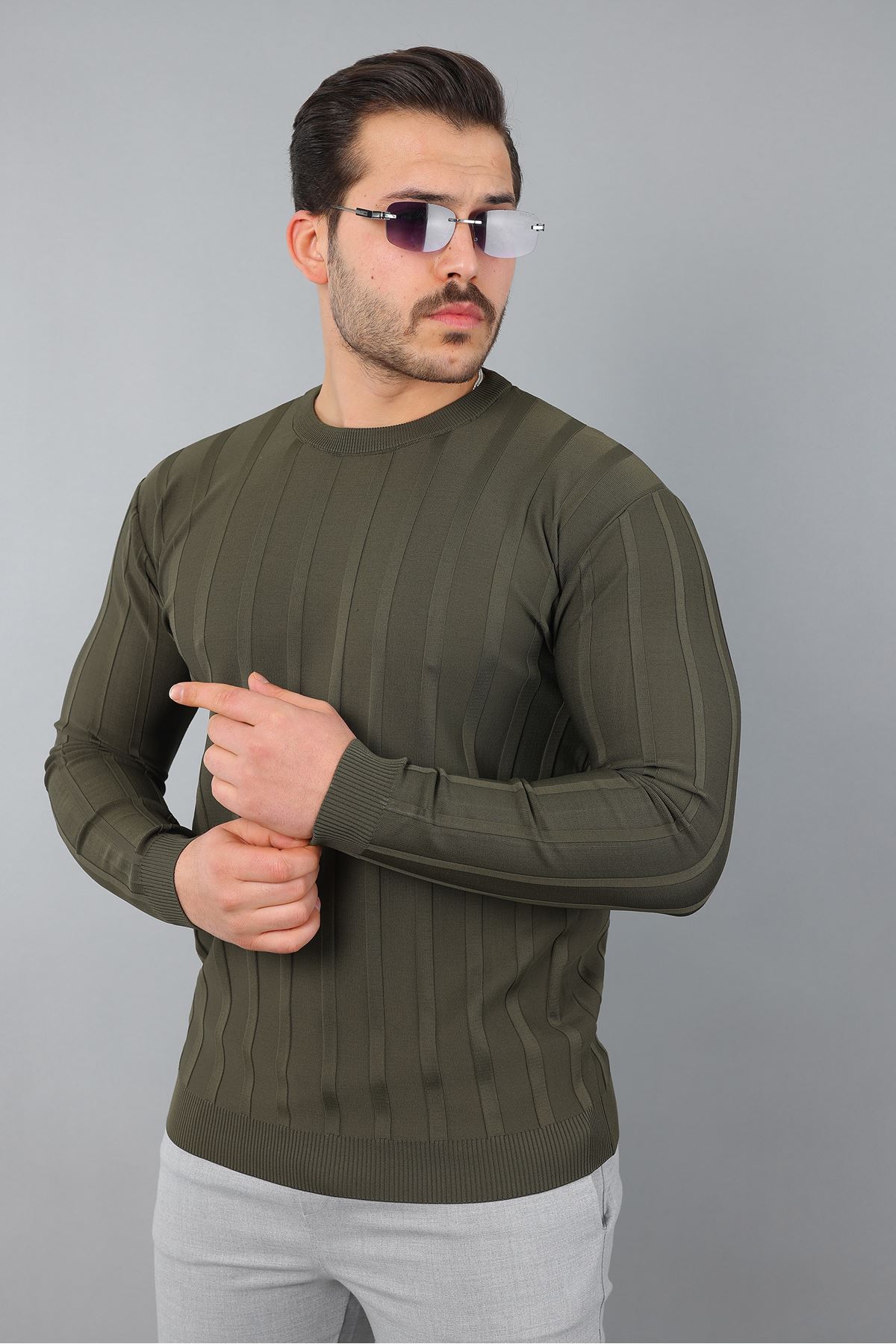 Erkek Uzun Kol Bisiklet Yaka Kendinden Çizgili Triko