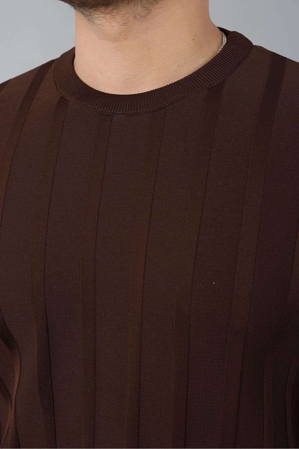 Erkek Uzun Kol Bisiklet Yaka Kendinden Çizgili Triko