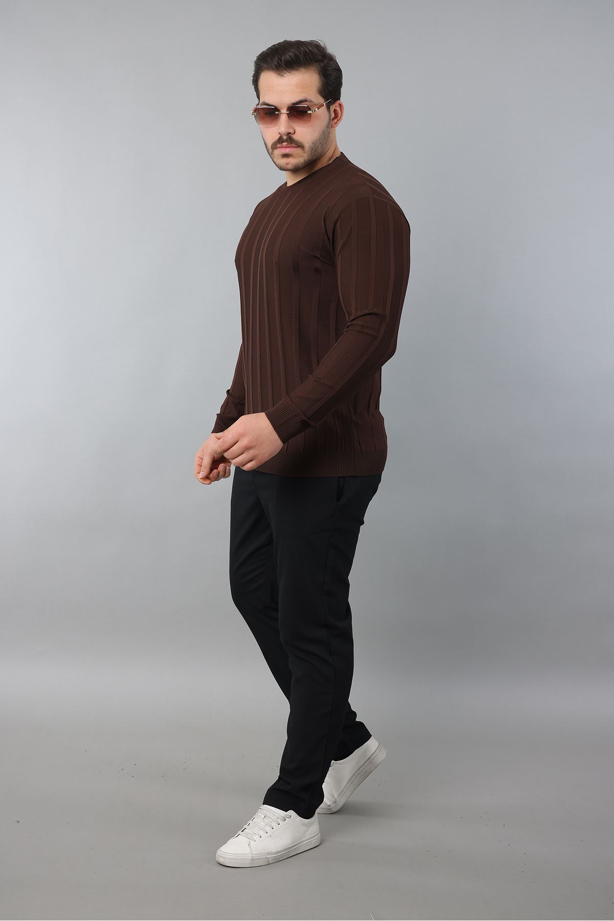 Erkek Uzun Kol Bisiklet Yaka Kendinden Çizgili Triko