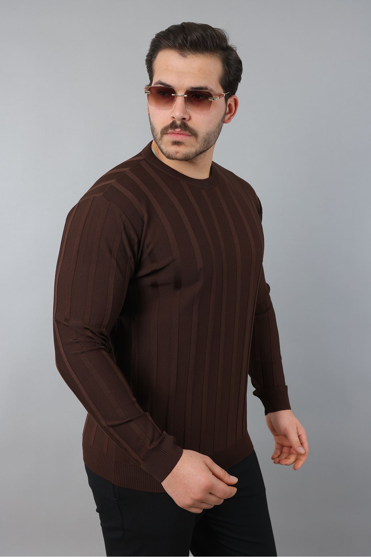 Erkek Uzun Kol Bisiklet Yaka Kendinden Çizgili Triko