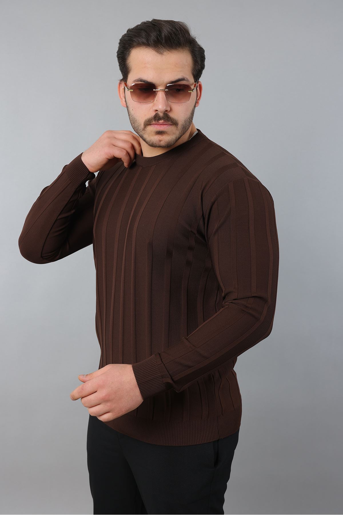 Erkek Uzun Kol Bisiklet Yaka Kendinden Çizgili Triko