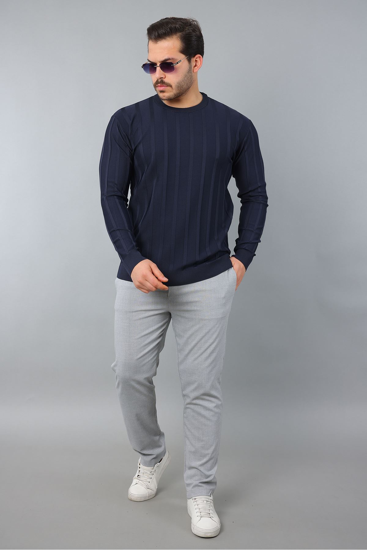 Erkek Uzun Kol Bisiklet Yaka Kendinden Çizgili Triko